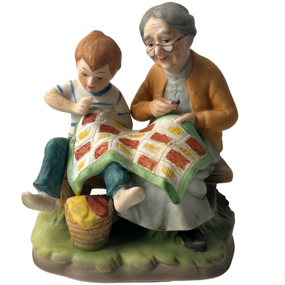 Vintage Lefton 7854 China Hand Painted Grandma Grandmother and Grandson Quilting